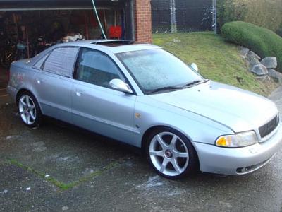 1997 Audi A4 Turbo.  Lowered, exhaust, 17" TSW's. NO title, parts car  00. Seattle-97audia4-1.jpg