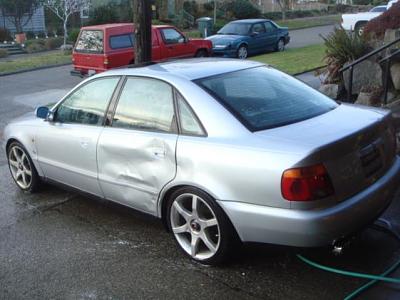 1997 Audi A4 Turbo.  Lowered, exhaust, 17" TSW's. NO title, parts car  00. Seattle-97audia4-2.jpg